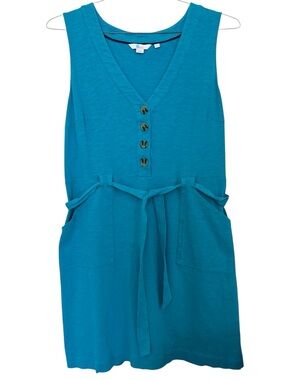 Boden Turquoise Blue 100% Cotton Tie Waist Sleeveless Mini Dress Size US 12 12R